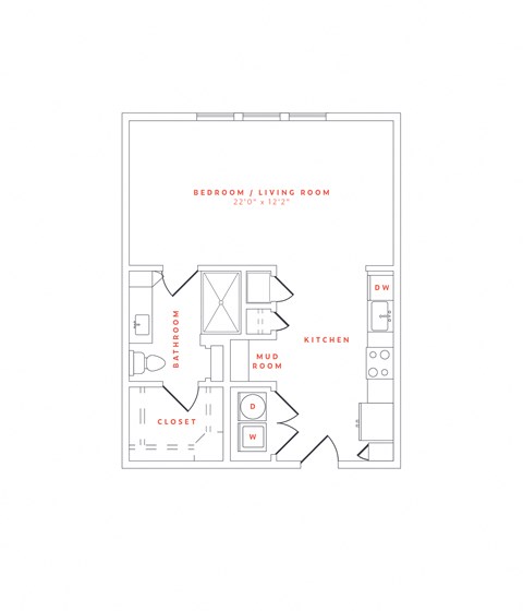 Floor plan for studio, 1 bath, 616 sqft